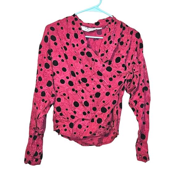 Collections By Michelle Stuart Size 6 100% Silk Polka Dot Pink Black Long Sleeve - Picture 1 of 9
